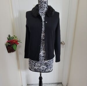 Talbots Black Cardigan with Faux Fur Collar